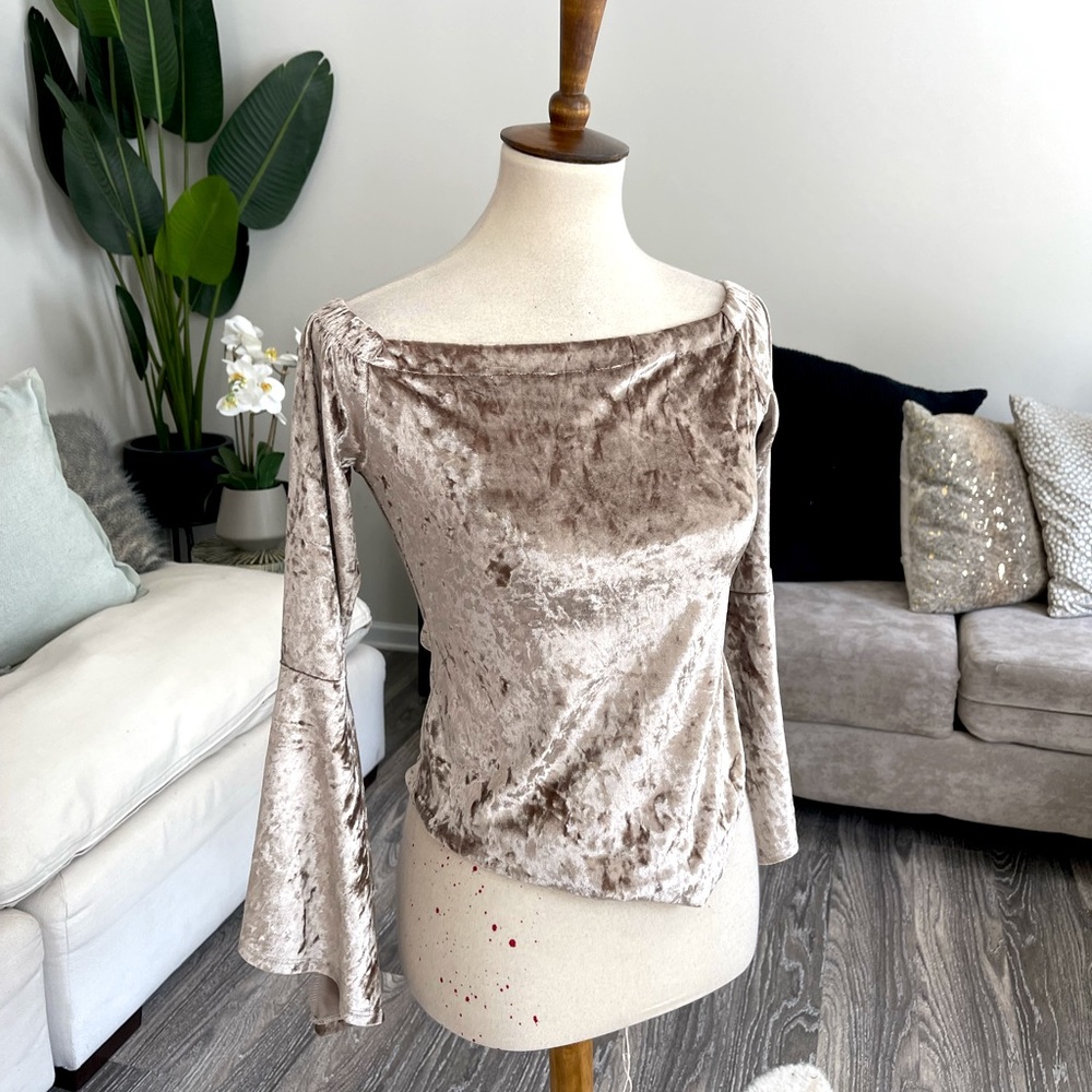 Champagne velvet bodysuit with bell sleeves